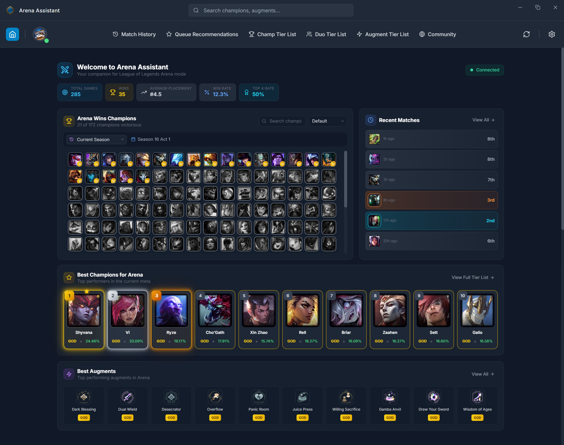 Arena Assistant dashboard showing Arena match history and win rate